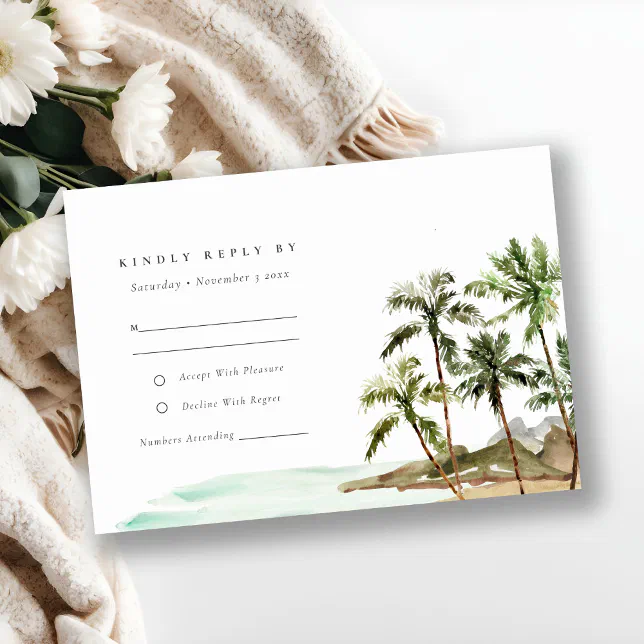 Tropical Rustic Palm Trees Beach Sand Wedding RSVP Card | Zazzle