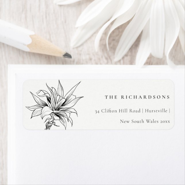 Tropical Rustic Palms Black White Sketch Address  Label (Insitu)