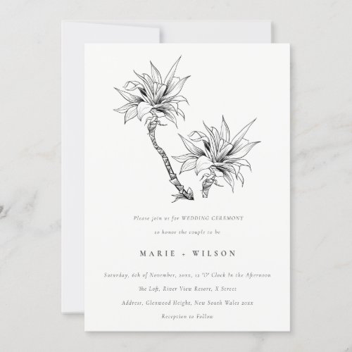 Tropical Rustic Palms Black White Sketch Wedding Invitation