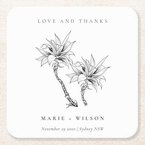 Tropical Rustic Palms Black White Sketch Wedding Square Paper Coaster