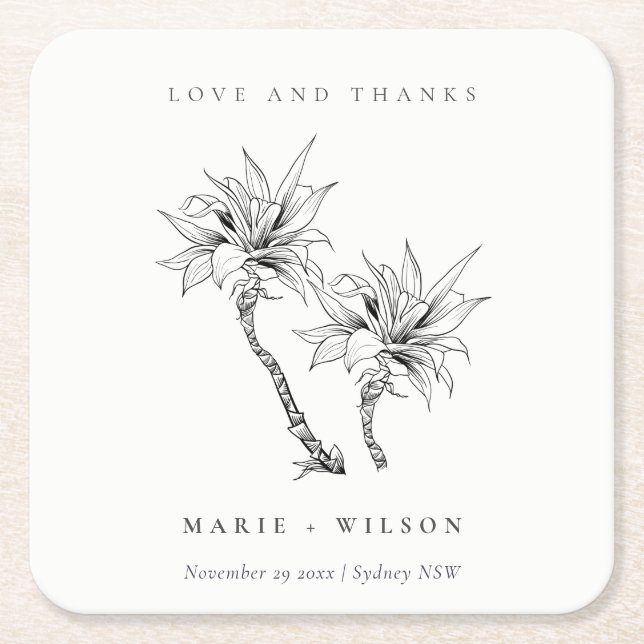 Tropical Rustic Palms Black White Sketch Wedding Square Paper Coaster (Front)