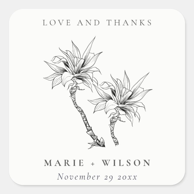 Tropical Rustic Palms Black White Sketch Wedding Square Sticker (Front)