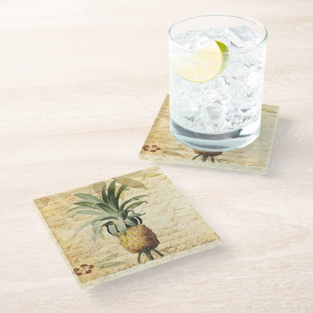 Tropical Rustic Pineapple Art Glass Coaster (Angled)