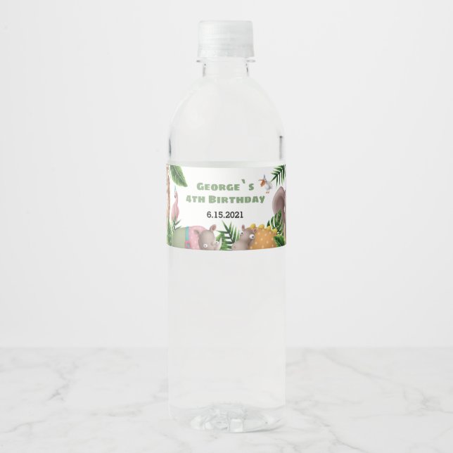 Tropical Safari Animal Birthday Water Bottle Label (Front)