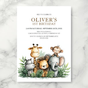 Tropical Safari Animals 1st Birthday Party Invitation
