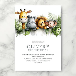 Tropical Safari Animals 1st Birthday Party Invitation