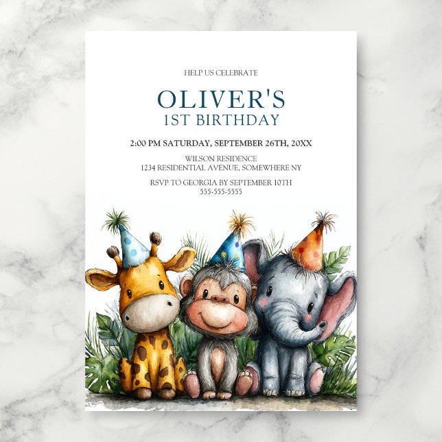 Tropical Safari Animals 1st Birthday Party Invitation (Creator Uploaded)