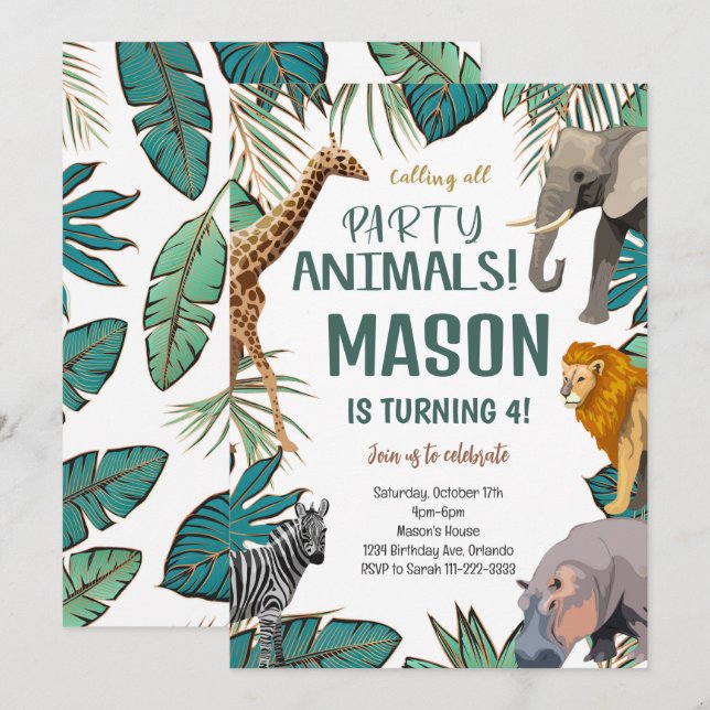 Tropical Safari Animals Birthday Invitation (Front/Back)
