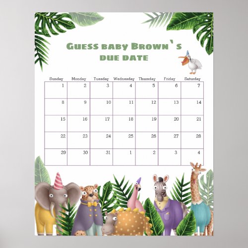 Tropical Safari Animals Due Date Calendar Poster