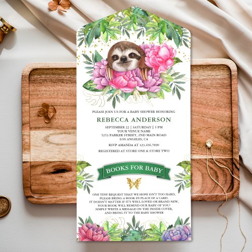 Tropical Safari Cute Floral Sloth Baby Shower All In One Invitation