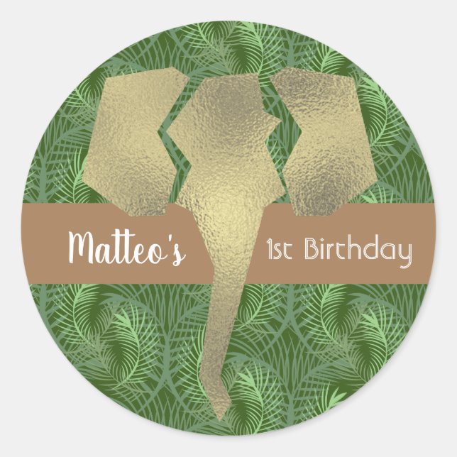 Tropical Safari Elephant Faux Gold Greenery Classic Round Sticker (Front)