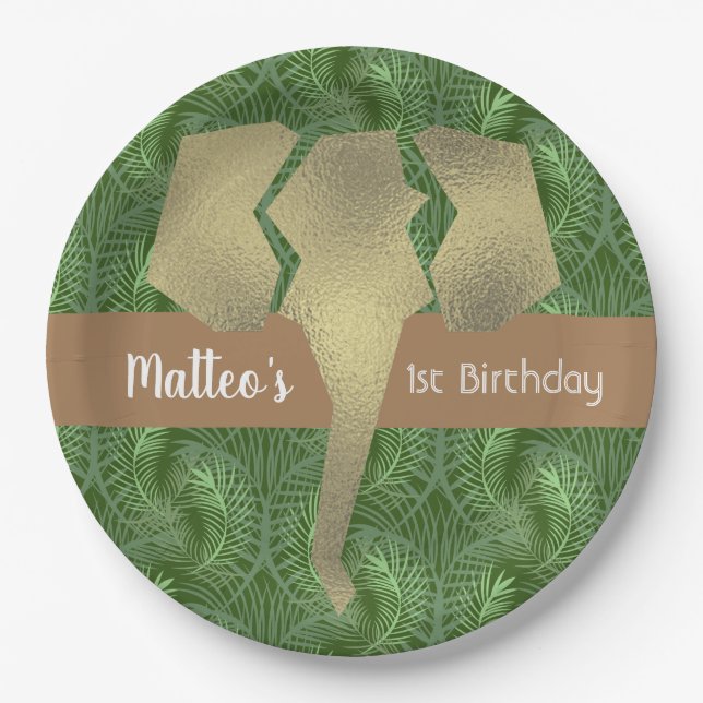 Tropical Safari Elephant Faux Gold Greenery Paper Plates (Front)
