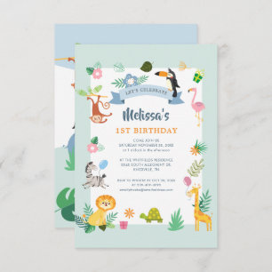 Tropical Safari Jungle Animals 1st Birthday Party Invitation