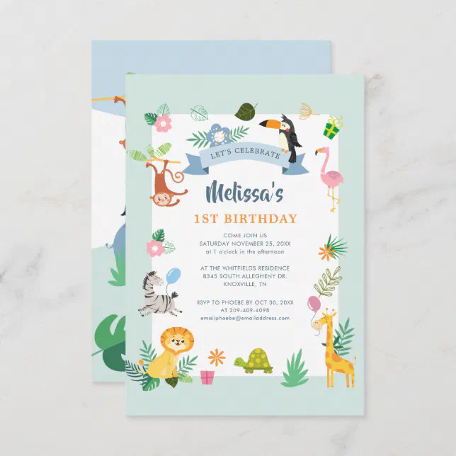 Tropical Safari Jungle Animals 1st Birthday Party Invitation | Zazzle