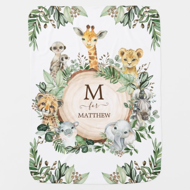 Tropical Safari Jungle Baby Wild Animals Monogram Blanket (Front)