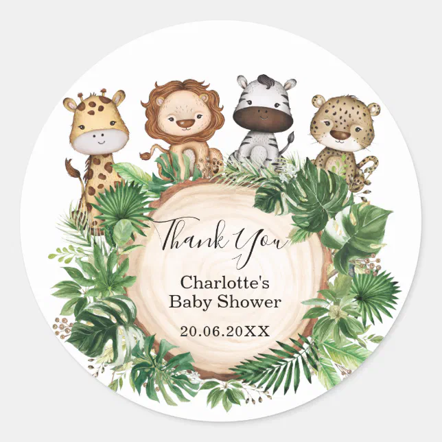 Tropical Safari Jungle Wild Animals Baby Shower Classic Round Sticker ...