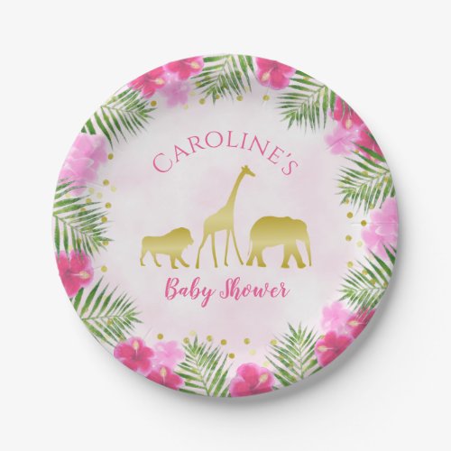 Tropical Safari Pink Gold Baby Shower Paper Plates