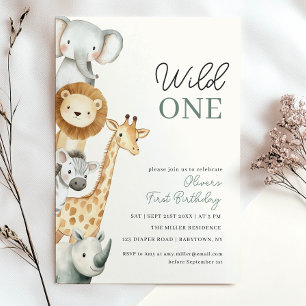 Tropical Safari Wild One Jungle Animals Birthday  Invitation