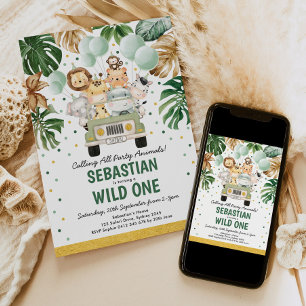 Tropical Safari Wild One Jungle Animals Birthday Invitation