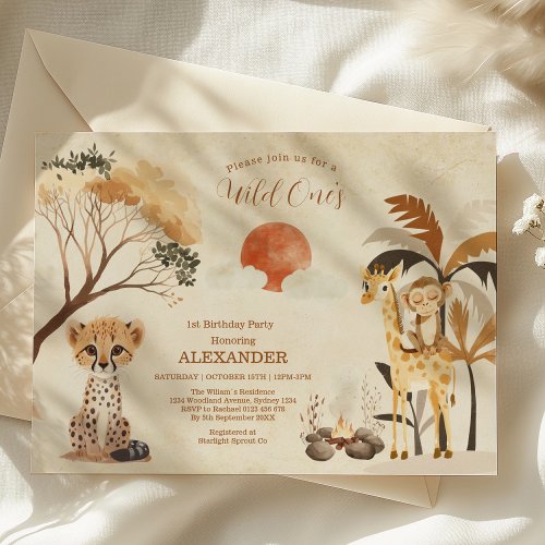 Tropical Safari Wild One Jungle Animals Birthday  Invitation