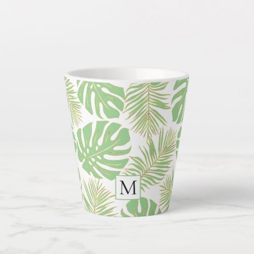 Tropical sage green and gold leaves and monogram latte mug