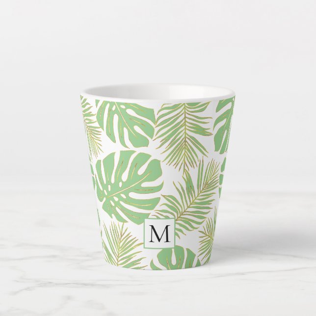 Tropical sage green and gold leaves and monogram latte mug (Front)