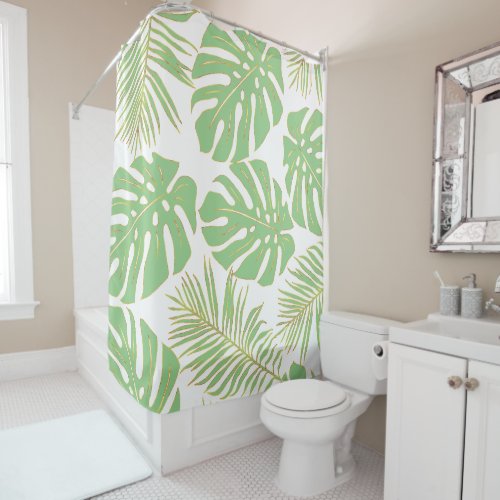 Tropical sage green gold monstera and palm leaves shower curtain