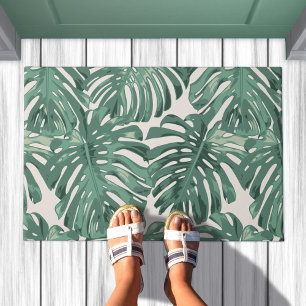 Tropical Sage Green Jungle Leaves Pattern Doormat