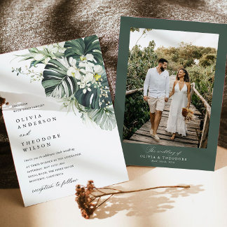 Tropical Sage Green Monstera Photo Back Wedding Invitation