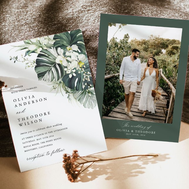 Tropical Sage Green Monstera Photo Back Wedding Invitation (Tropical photo wedding invitation sage green monstera floral suite with couple photo card)