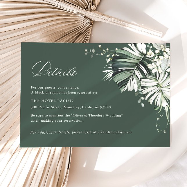 Tropical Sage Green Monstera Wedding Hotel Details Enclosure Card (Tropical wedding details card sage green monstera beach destination hotel information insert card)