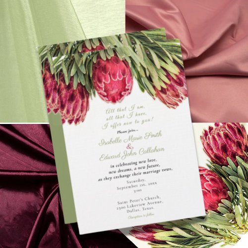 Tropical Sage Green  Pink King Proteas Wedding Invitation