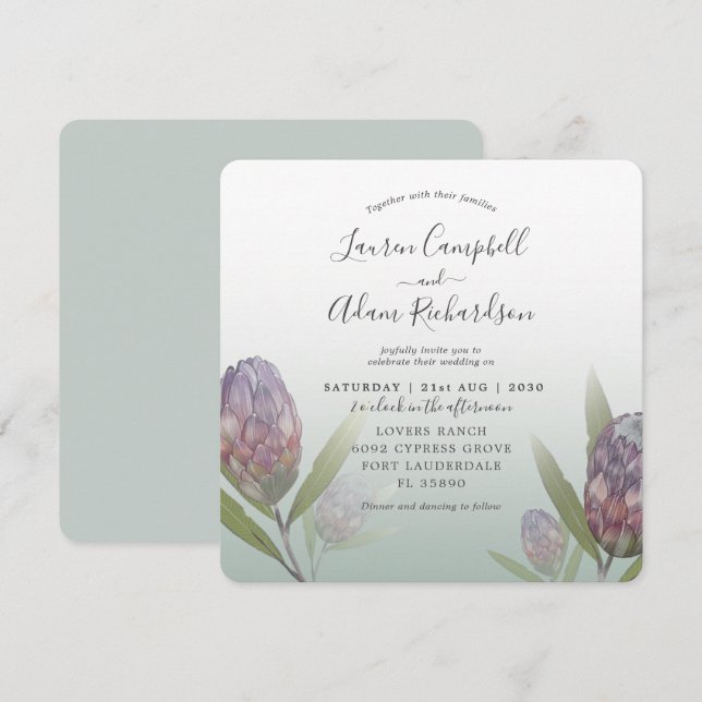 Tropical Sage Green &  Purple Floral Wedding Invitation (Front/Back)