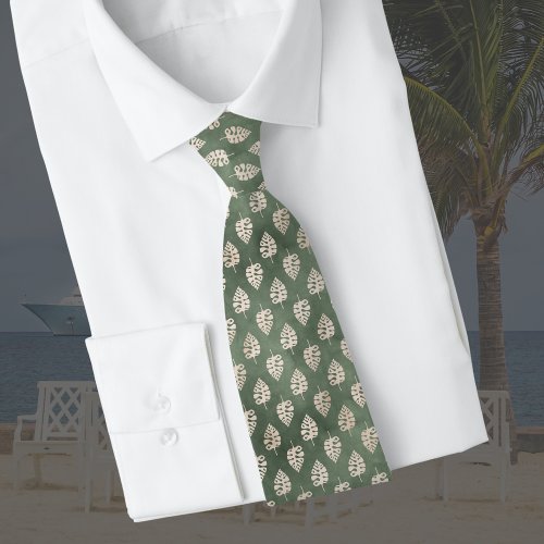 Tropical Sage Green with Cream Palm Leaves  Neck Tie