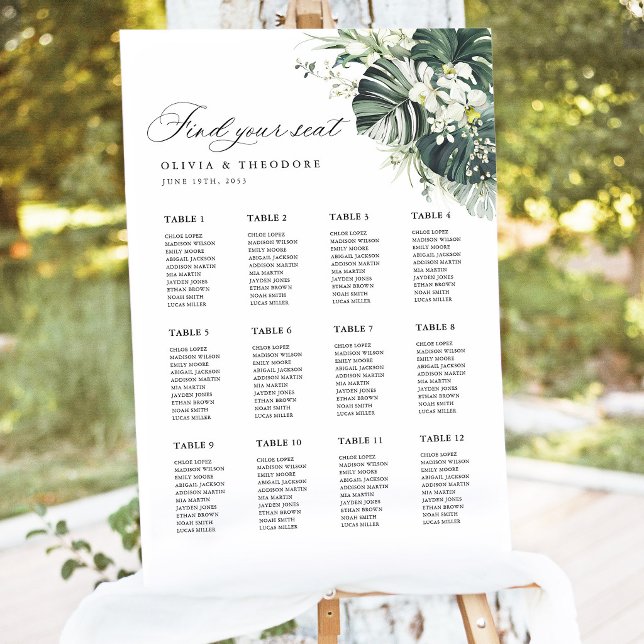 Tropical Sage Monstera Wedding Seating Chart Sign (Tropical Monstera Wedding Seating Chart Sign sage green destination beach wedding seating chart sign)