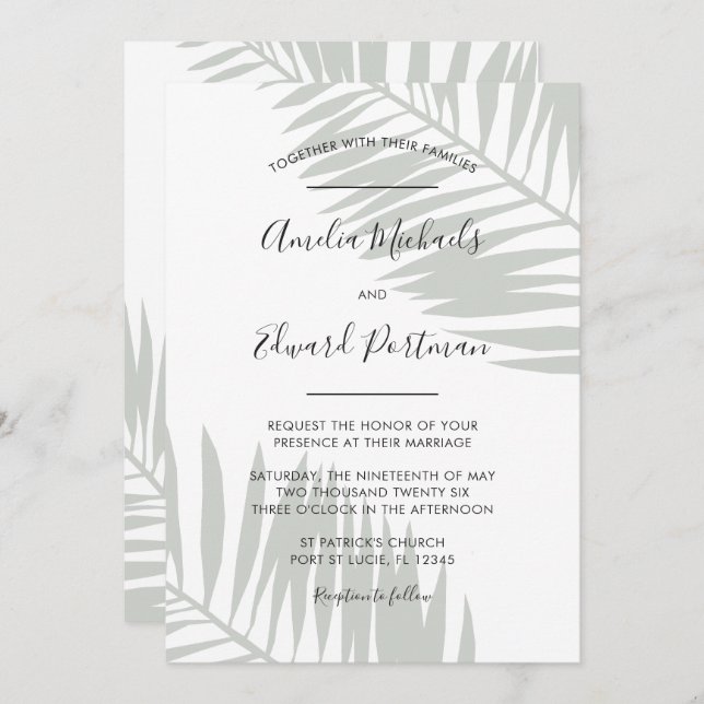 Tropical Sage Palm Leaves Wedding Invitation (Front/Back)