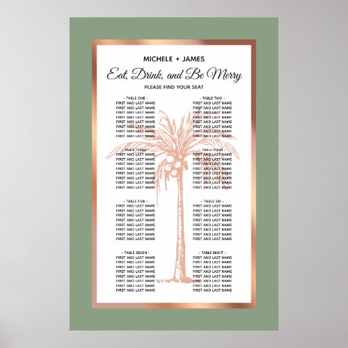 Tropical Sage Rose Gold Palm Wedding Seating Chart