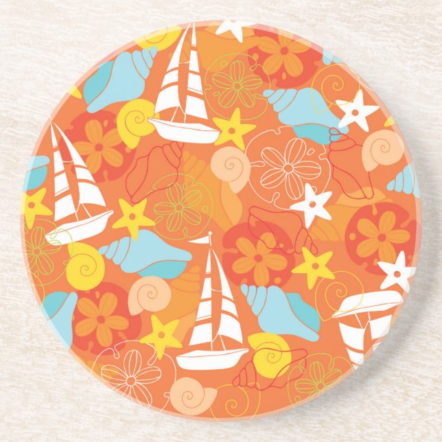 Tropical Sailboat Pattern Sandstone Coaster (Front)