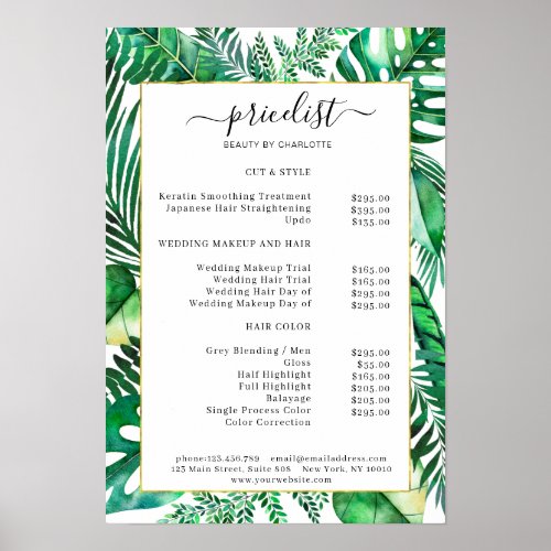 Tropical Salon Price List Poster