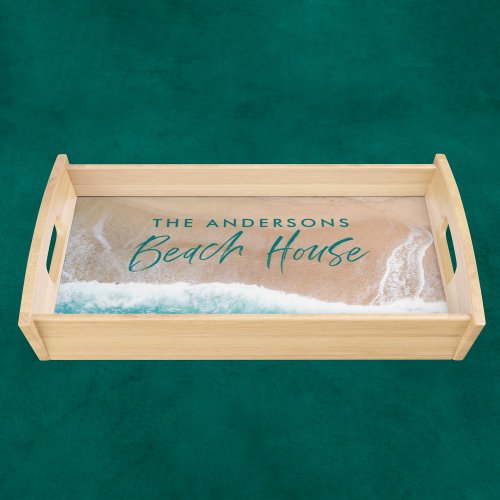 Tropical sand beach ocean sunny waves beach house serving tray