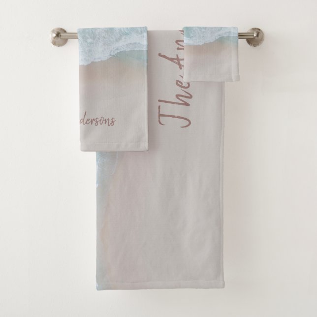 tropical sand beach ocean sunny waves modern bath towel set (Insitu)