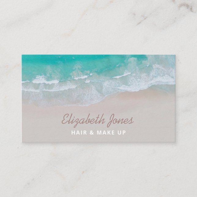 tropical sand beach ocean sunny waves modern business card (Front)