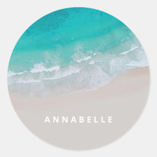 tropical sand beach ocean sunny waves modern classic round sticker