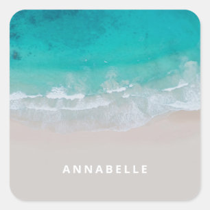 tropical sand beach ocean sunny waves modern square sticker