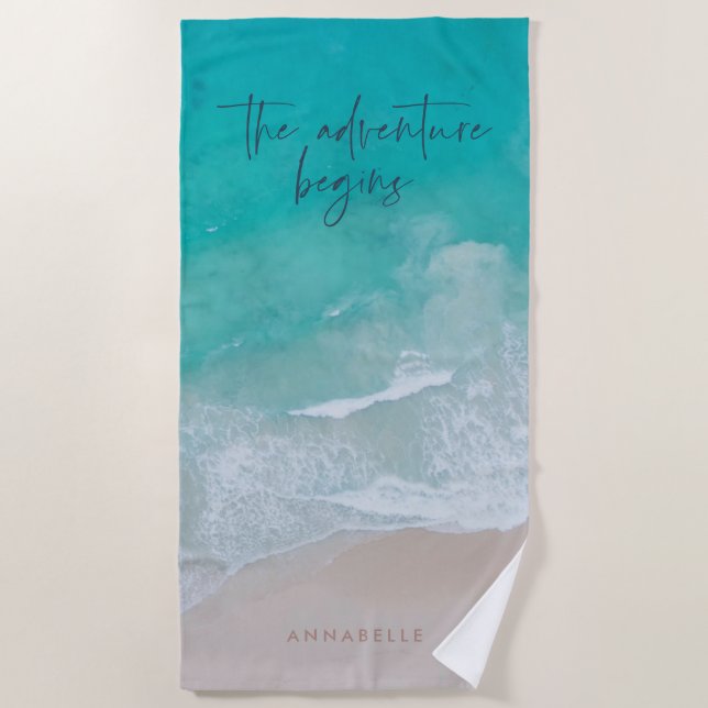 tropical sand beach ocean the adventure begins beach towel (Front)