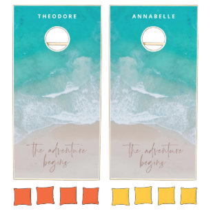 tropical sand beach ocean the adventure begins cornhole set