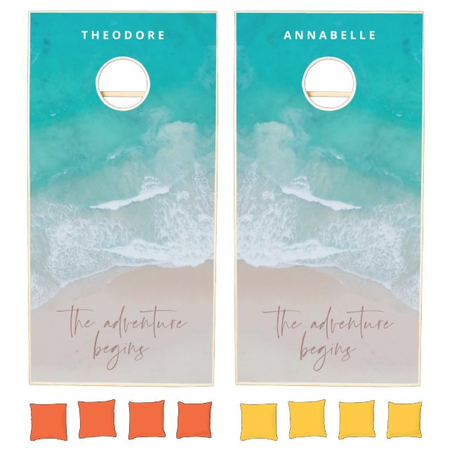 tropical sand beach ocean the adventure begins cornhole set (Set)