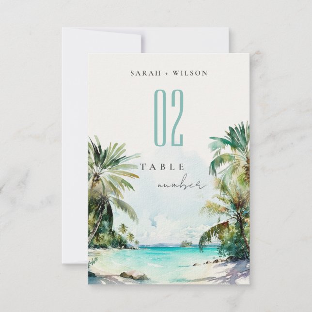 Tropical Sand Beach Palm Tree Wedding Table Number (Front)