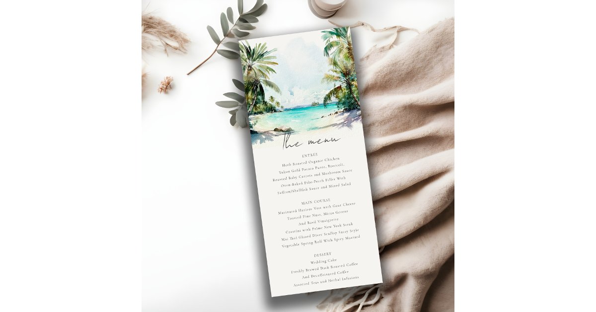 Tropical Sand Beach Palm Trees Wedding Menu Card | Zazzle