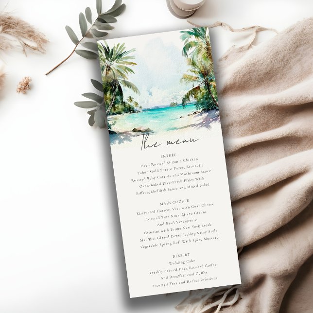 Tropical Sand Beach Palm Trees Wedding Menu Card (Creator Uploaded)